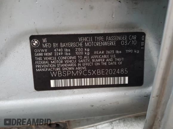 ✅ 2011 BMW M3 • VIN: WBSPM9C5XBE202485 • Лот: 86161984. Опубликован ранее на Copart с пробегом Не указан. Бесплатный доступ к архиву аукционных продаж из США и подробный отчёт об истории автомобиля на DreamBid. Изображение 15.