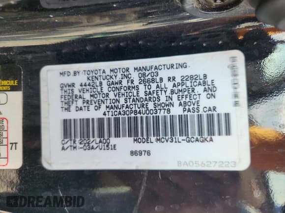 ✅ 2004 Toyota Solara SE • VIN: 4T1CA30P84U003778 • Lot: 71099255. Listed on Copart with 143,497 mi. Free auction sales archive from the USA and detailed vehicle history report at DreamBid. Image 12.