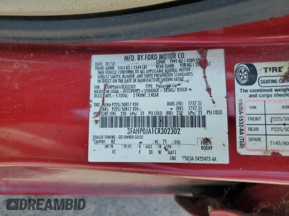 ✅ 2012 Ford Fusion SEL • VIN: 3FAHP0JA1CR302302 • Lot: 62183245. Listed on Copart with 106,182 mi. Free auction sales archive from the USA and detailed vehicle history report at DreamBid. Image 12.