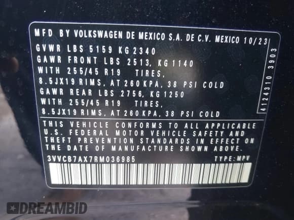 ✅ 2024 Volkswagen Tiguan SE R-Line Black • VIN: 3VVCB7AX7RM036985 • Lot: 41709085. Listed on IAAI with 19,255 mi. Free auction sales archive from the USA and detailed vehicle history report at DreamBid. Image 9.