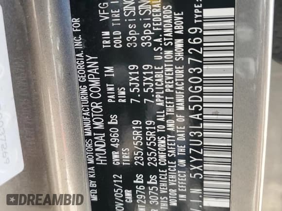 ✅ 2013 Hyundai Santa Fe Sport • VIN: 5XYZU3LA5DG037269 • Lot: 92419905. Listed on Copart with 86,374 mi. Free auction sales archive from the USA and detailed vehicle history report at DreamBid. Image 13.