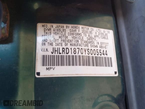 ✅ 2000 Honda CR-V SE • VIN: JHLRD1870YS005544 • Lot: 43498645. Listed on IAAI with 137,173 mi. Free auction sales archive from the USA and detailed vehicle history report at DreamBid. Image 9.