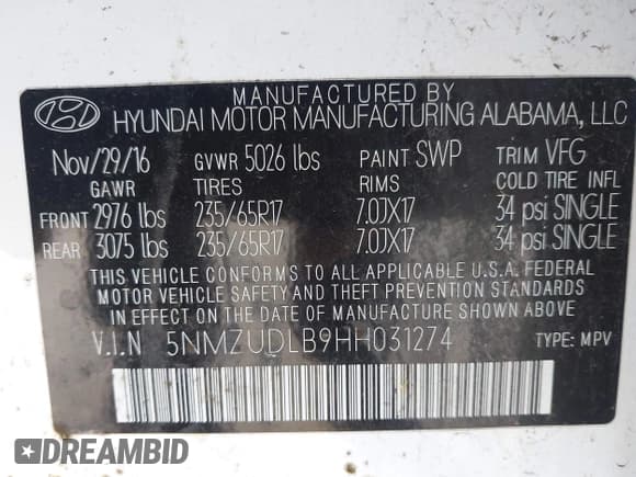 ✅ 2017 Hyundai Santa Fe 2.4L • VIN: 5NMZUDLB9HH031274 • Lot: 43485747. Listed on IAAI with 83,509 mi. Free auction sales archive from the USA and detailed vehicle history report at DreamBid. Image 9.