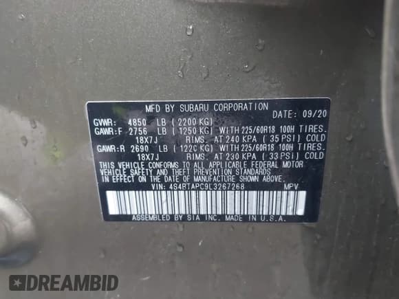 ✅ 2020 Subaru Outback Touring • VIN: 4S4BTAPC9L3267268 • Lot: 41865981. Listed on IAAI with Not provided. Free auction sales archive from the USA and detailed vehicle history report at DreamBid. Image 9.