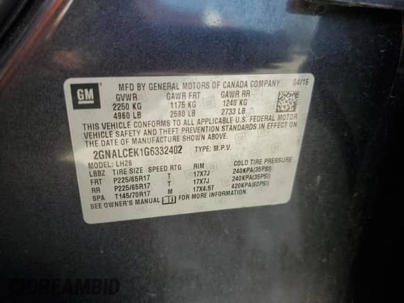 2016 Chevrolet Equinox LT с VIN 2GNALCEK1G6332402, выставлен на аукционе Copart как лот 80883265 с пробегом Не указан миль и Чистый • Clean title. История ставок и продаж доступна на DreamBid. Изображение 13.