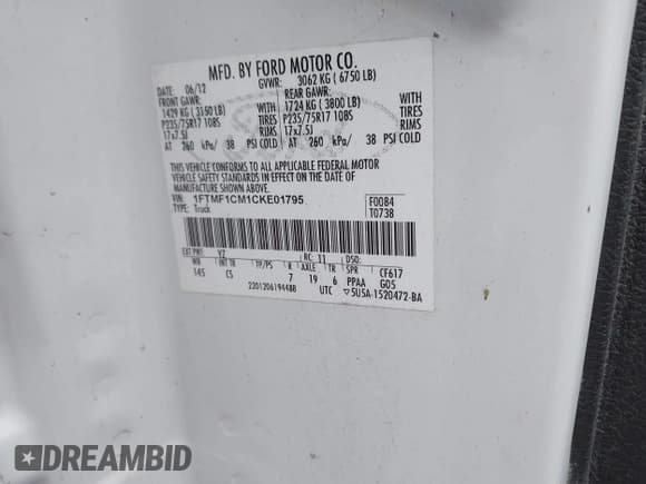 ✅ 2012 Ford F-150 XL • VIN: 1FTMF1CM1CKE01795 • Lot: 42307760. Listed on IAAI with 124,659 mi. Free auction sales archive from the USA and detailed vehicle history report at DreamBid. Image 9.