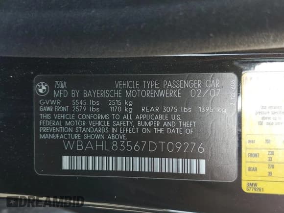 ✅ 2007 BMW 7 Series 750i • VIN: WBAHL83567DT09276 • Lot: 51868895. Listed on Copart with 150,744 mi. Free auction sales archive from the USA and detailed vehicle history report at DreamBid. Image 12.