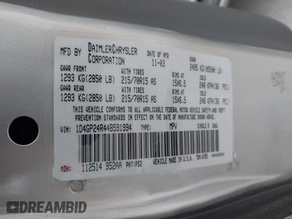 ✅ 2004 Dodge Caravan SE • VIN: 1D4GP24R44B591994 • Lot: 43092115. Listed on IAAI with 173,938 mi. Free auction sales archive from the USA and detailed vehicle history report at DreamBid. Image 9.