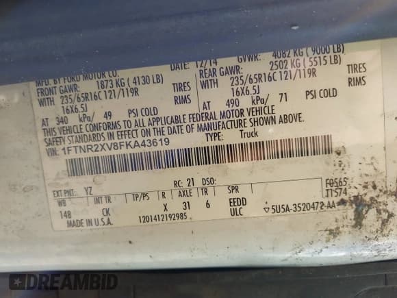 ✅ 2015 Ford Transit • VIN: 1FTNR2XV8FKA43619 • Лот: 43445730. Опубликован ранее на IAAI с пробегом 200 833 миль. Бесплатный доступ к архиву аукционных продаж из США и подробный отчёт об истории автомобиля на DreamBid. Изображение 9.