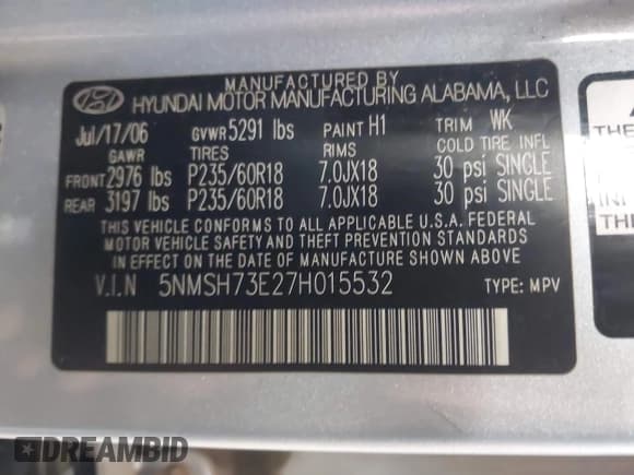 ✅ 2007 Hyundai Santa Fe SE • VIN: 5NMSH73E27H015532 • Lot: 43588168. Listed on IAAI with 234,056 mi. Free auction sales archive from the USA and detailed vehicle history report at DreamBid. Image 9.