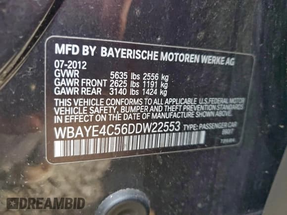 ✅ 2013 BMW 7 Series 740Li • VIN: WBAYE4C56DDW22553 • Lot: 95212845. Listed on Copart with 193,613 mi. Free auction sales archive from the USA and detailed vehicle history report at DreamBid. Image 12.