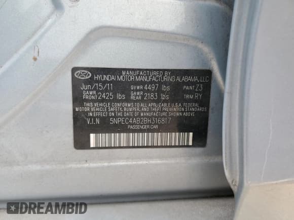 ✅ 2011 Hyundai Sonata SE • VIN: 5NPEC4AB2BH316817 • Lot: 76131844. Listed on Copart with Not provided. Free auction sales archive from the USA and detailed vehicle history report at DreamBid. Image 12.