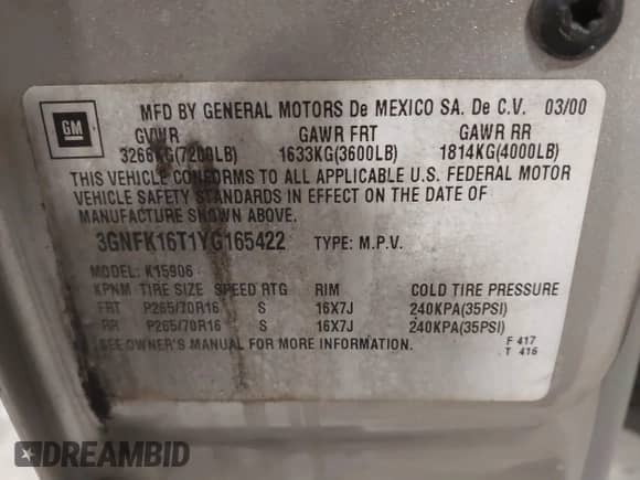 2000 Chevrolet Suburban LT с VIN 3GNFK16T1YG165422, выставлен на аукционе IAAI как лот 42301848 с пробегом 104 570 миль миль и . История ставок и продаж доступна на DreamBid. Изображение 9.