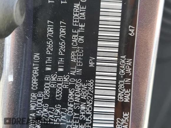 ✅ 2022 Toyota 4Runner SR5 Premium • VIN: JTEFU5JR5N5272686 • Lot: 82198025. Listed on Copart with 56,145 mi. Free auction sales archive from the USA and detailed vehicle history report at DreamBid. Image 13.