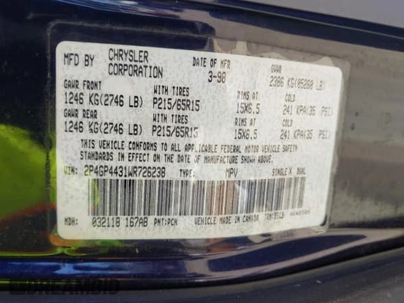 ✅ 1998 Plymouth Voyager SE • VIN: 2P4GP4431WR726238 • Lot: 42973267. Wystawiony na IAAI z przebiegiem 198 422 mil. Bezpłatny archiwum sprzedaży aukcyjnych z USA i szczegółowy raport historii pojazdu na DreamBid. Zdjęcie 9.