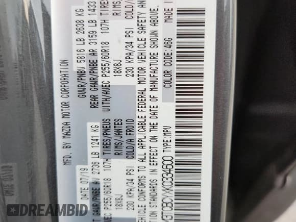 ✅ 2019 Mazda CX-9 Touring • VIN: JM3TCBCYXK0334600 • Лот: 70847325. Опубликован ранее на Copart с пробегом 83 843 миль. Бесплатный доступ к архиву аукционных продаж из США и подробный отчёт об истории автомобиля на DreamBid. Изображение 12.