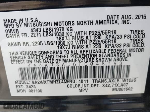 2015 Mitsubishi Outlander ES с VIN 4A4AR3AU6FE048183, выставлен на аукционе IAAI как лот 43056575 с пробегом 54 137 миль миль и . История ставок и продаж доступна на DreamBid. Изображение 9.