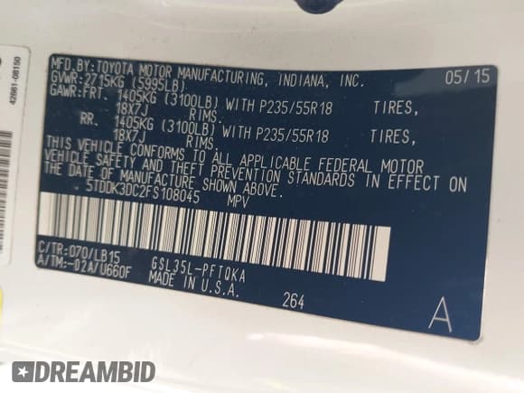 ✅ 2015 Toyota Sienna Limited • VIN: 5TDDK3DC2FS108045 • Lot: 42398925. Listed on IAAI with 97,255 mi. Free auction sales archive from the USA and detailed vehicle history report at DreamBid. Image 9.