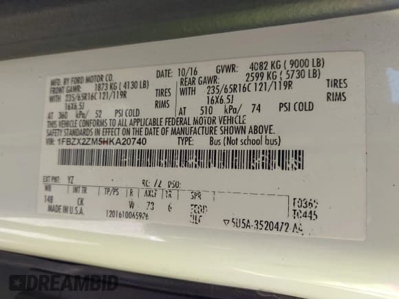 ✅ 2017 Ford Transit XL • VIN: 1FBZX2ZM5HKA20740 • Lot: 41144911. Wystawiony na IAAI z przebiegiem 201 936 mil. Bezpłatny archiwum sprzedaży aukcyjnych z USA i szczegółowy raport historii pojazdu na DreamBid. Zdjęcie 9.