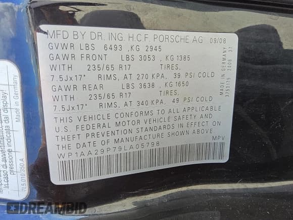 ✅ 2009 Porsche Cayenne • VIN: WP1AA29P79LA05798 • Лот: 89716545. Опубликован ранее на Copart с пробегом 138 215 миль. Бесплатный доступ к архиву аукционных продаж из США и подробный отчёт об истории автомобиля на DreamBid. Изображение 13.