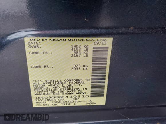 ✅ 2013 Nissan LEAF SL • VIN: 1N4AZ0CP8DC419310 • Lot: 95695195. Listed on Copart with 92,635 mi. Free auction sales archive from the USA and detailed vehicle history report at DreamBid. Image 13.