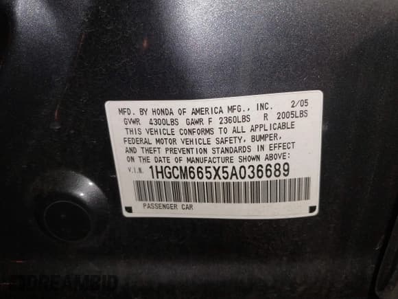 ✅ 2005 Honda Accord EX-L • VIN: 1HGCM665X5A036689 • Лот: 43401712. Опубликован ранее на IAAI с пробегом 61 077 миль. Бесплатный доступ к архиву аукционных продаж из США и подробный отчёт об истории автомобиля на DreamBid. Изображение 9.