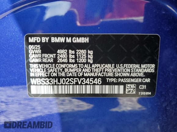 ✅ 2025 BMW M3 Competition xDrive • VIN: WBS33HJ02SFV34546 • Lot: 80121955. Wystawiony na Copart z przebiegiem 4 617 mil. Bezpłatny archiwum sprzedaży aukcyjnych z USA i szczegółowy raport historii pojazdu na DreamBid. Zdjęcie 13.