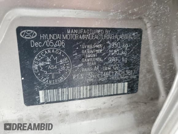 ✅ 2007 Hyundai Sonata GLS • VIN: 5NPET46C17H263617 • Lot: 84422344. Listed on Copart with 232,547 mi. Free auction sales archive from the USA and detailed vehicle history report at DreamBid. Image 12.