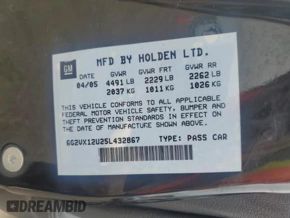 ✅ 2005 Pontiac GTO • VIN: 6G2VX12U25L432867 • Lot: 54624315. Listed on Copart with 51,449 mi. Free auction sales archive from the USA and detailed vehicle history report at DreamBid. Image 12.