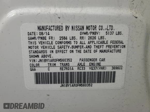 ✅ 2015 Infiniti Q70 • VIN: JN1BY1AR0FM560352 • Лот: 68023504. Опубликован ранее на Copart с пробегом 88 136 миль. Бесплатный доступ к архиву аукционных продаж из США и подробный отчёт об истории автомобиля на DreamBid. Изображение 12.