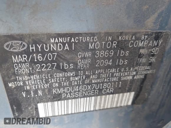 ✅ 2007 Hyundai Elantra GLS • VIN: KMHDU46DX7U180111 • Lot: 43526268. Listed on IAAI with 158,964 mi. Free auction sales archive from the USA and detailed vehicle history report at DreamBid. Image 9.