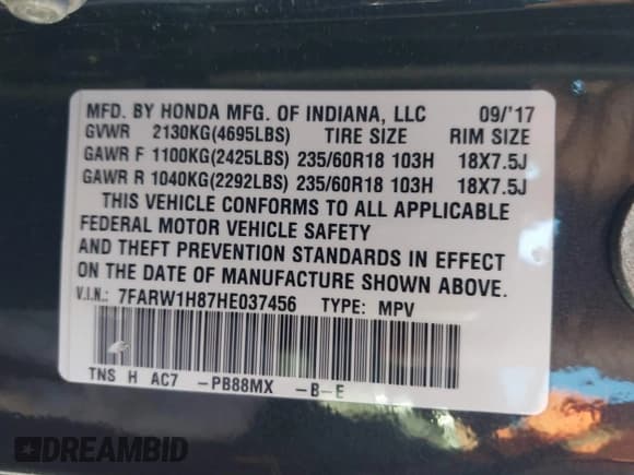 ✅ 2017 Honda CR-V EX-L • VIN: 7FARW1H87HE037456 • Lot: 43558899. Listed on IAAI with 85,503 mi. Free auction sales archive from the USA and detailed vehicle history report at DreamBid. Image 9.