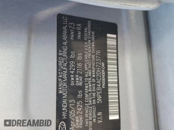 ✅ 2013 Hyundai Sonata GLS • VIN: 5NPEB4AC2DH723776 • Lot: 57909515. Listed on Copart with 117,530 mi. Free auction sales archive from the USA and detailed vehicle history report at DreamBid. Image 12.