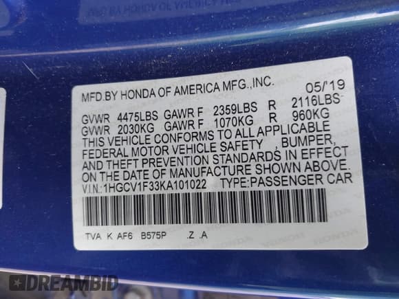 ✅ 2019 Honda Accord Sport • VIN: 1HGCV1F33KA101022 • Lot: 43386472. Wystawiony na IAAI z przebiegiem Nie podano. Bezpłatny archiwum sprzedaży aukcyjnych z USA i szczegółowy raport historii pojazdu na DreamBid. Zdjęcie 9.