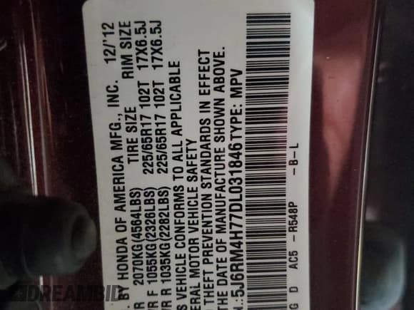 ✅ 2013 Honda CR-V EX-L • VIN: 5J6RM4H77DL031846 • Lot: 89925505. Listed on Copart with Not provided. Free auction sales archive from the USA and detailed vehicle history report at DreamBid. Image 13.