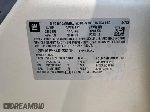 2013 Chevrolet Equinox LT с VIN 2GNALPEKXD6332708, выставлен на аукционе Copart как лот 70759315 с пробегом 173 419 миль миль и Списание • Salvage title. История ставок и продаж доступна на DreamBid. Изображение 14.