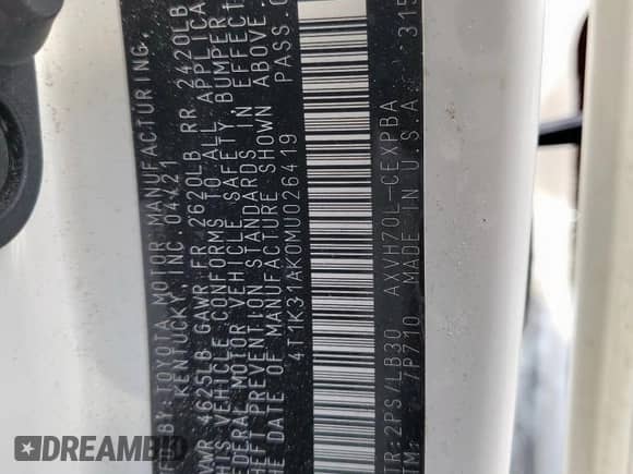 2021 Toyota Camry Hybrid XSE с VIN 4T1K31AK0MU026419, выставлен на аукционе Copart как лот 81029735 с пробегом 153 313 миль миль и Списание • Salvage title. История ставок и продаж доступна на DreamBid. Изображение 13.