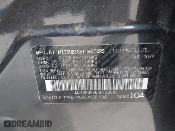 ✅ 2024 Mitsubishi Mirage ES • VIN: ML32FUFJ6RHF13885 • Лот: 43006511. Опубликован ранее на IAAI с пробегом 5 630 миль. Бесплатный доступ к архиву аукционных продаж из США и подробный отчёт об истории автомобиля на DreamBid. Изображение 9.