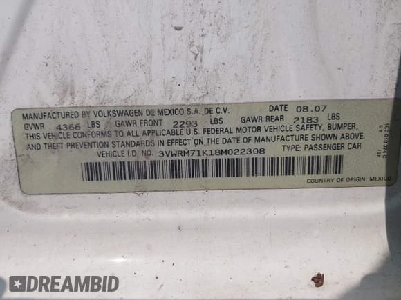 ✅ 2008 Volkswagen Jetta SE • VIN: 3VWRM71K18M022308 • Lot: 42404727. Listed on IAAI with 221,726 mi. Free auction sales archive from the USA and detailed vehicle history report at DreamBid. Image 9.