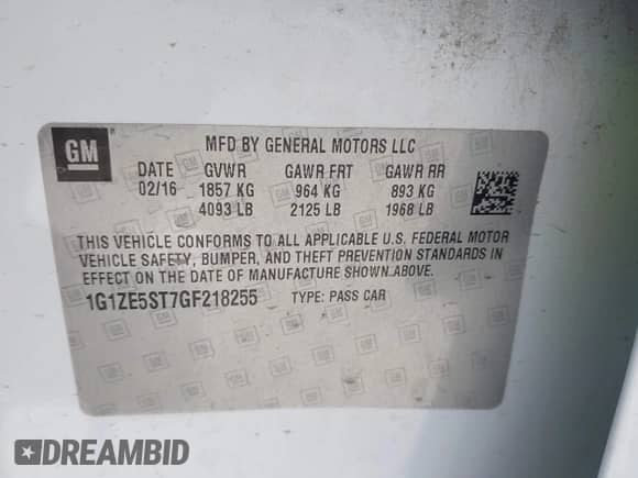 2016 Chevrolet Malibu LT with VIN 1G1ZE5ST7GF218255, listed as a IAAI auction lot 43072815 with 135,593 mi miles and . Bid and sale history available at DreamBid. Image 9.