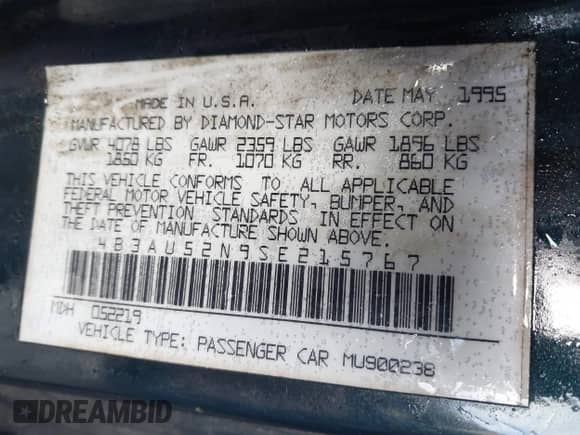 1995 Dodge Avenger z VIN 4B3AU52N9SE215767, wystawiony jako IAAI lot #43494144 z przebiegiem 217 304 mil mil oraz . Historia ofert i sprzedaży dostępna na DreamBid. Obrazek 9.