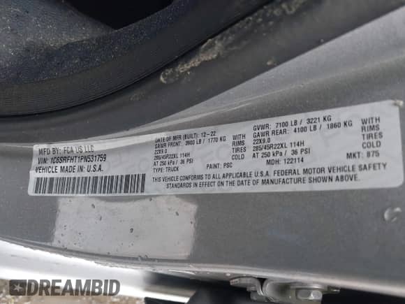 2023 Ram 1500 Limited с VIN 1C6SRFHT1PN531759, выставлен на аукционе IAAI как лот 42323882 с пробегом 47 809 миль миль и . История ставок и продаж доступна на DreamBid. Изображение 9.