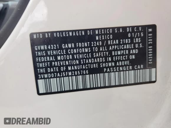 ✅ 2015 Volkswagen Jetta SE • VIN: 3VWD07AJ5FM285766 • Lot: 63159695. Wystawiony na Copart z przebiegiem 109 714 mil. Bezpłatny archiwum sprzedaży aukcyjnych z USA i szczegółowy raport historii pojazdu na DreamBid. Zdjęcie 12.