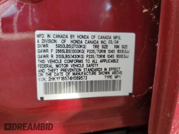 ✅ 2004 Honda Pilot EX • VIN: 2HKYF18574H569573 • Lot: 91682955. Listed on Copart with 253,925 mi. Free auction sales archive from the USA and detailed vehicle history report at DreamBid. Image 13.