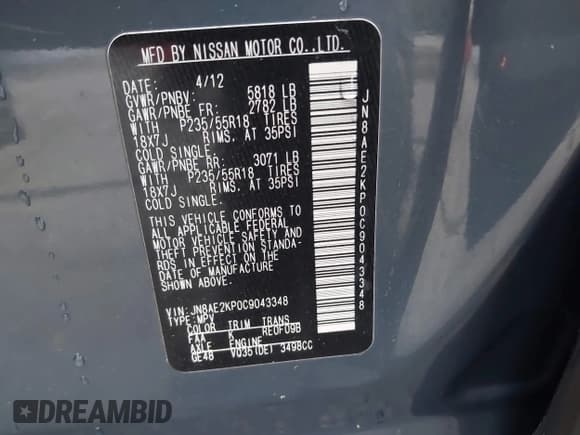 ✅ 2012 Nissan Quest SL • VIN: JN8AE2KP0C9043348 • Lot: 41996448. Listed on IAAI with 114,667 mi. Free auction sales archive from the USA and detailed vehicle history report at DreamBid. Image 9.