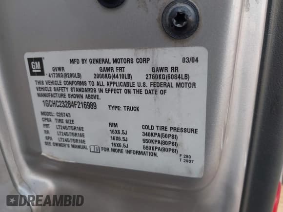 ✅ 2004 Chevrolet Silverado 2500HD LS • VIN: 1GCHC23284F216989 • Lot: 42315974. Listed on IAAI with 249,245 mi. Free auction sales archive from the USA and detailed vehicle history report at DreamBid. Image 9.