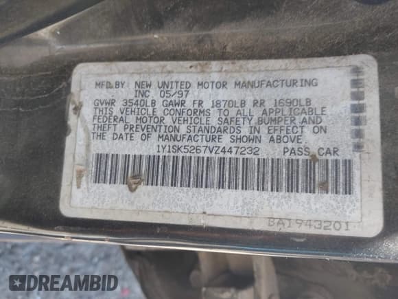 ✅ 1997 Geo Prizm LSi • VIN: 1Y1SK5267VZ447232 • Lot: 42289597. Listed on IAAI with 100,974 mi. Free auction sales archive from the USA and detailed vehicle history report at DreamBid. Image 9.