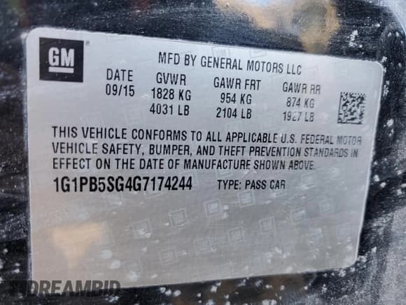 ✅ 2016 Chevrolet Cruze LS • VIN: 1G1PB5SG4G7174244 • Lot: 44373075. Listed on Copart with 122,436 mi. Free auction sales archive from the USA and detailed vehicle history report at DreamBid. Image 13.