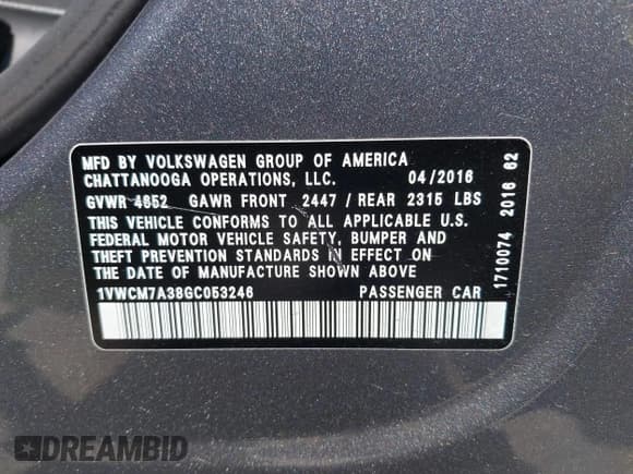 ✅ 2016 Volkswagen Passat SEL Premium • VIN: 1VWCM7A38GC053246 • Lot: 42731188. Listed on IAAI with 97,261 mi. Free auction sales archive from the USA and detailed vehicle history report at DreamBid. Image 9.