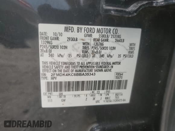 ✅ 2011 Ford Edge Limited • VIN: 2FMDK4KC6BBA35343 • Лот: 62876085. Опубликован ранее на Copart с пробегом 186 642 миль. Бесплатный доступ к архиву аукционных продаж из США и подробный отчёт об истории автомобиля на DreamBid. Изображение 12.